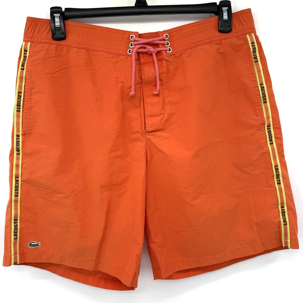 Lacoste Swim Trunks Men Size 7 Orange Logo Tape Side Stripe Sporty Beach Shorts